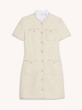 Sandro Cream Tweed Button-Front Mini Dress